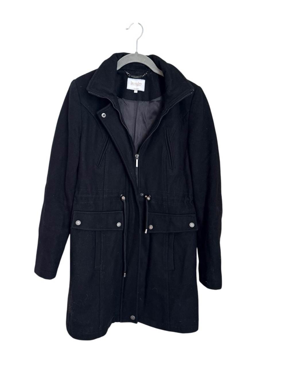 Laundry by Shelli Segal Black Wool Coat | Size 2 | Drawstring Waist | Mid Length